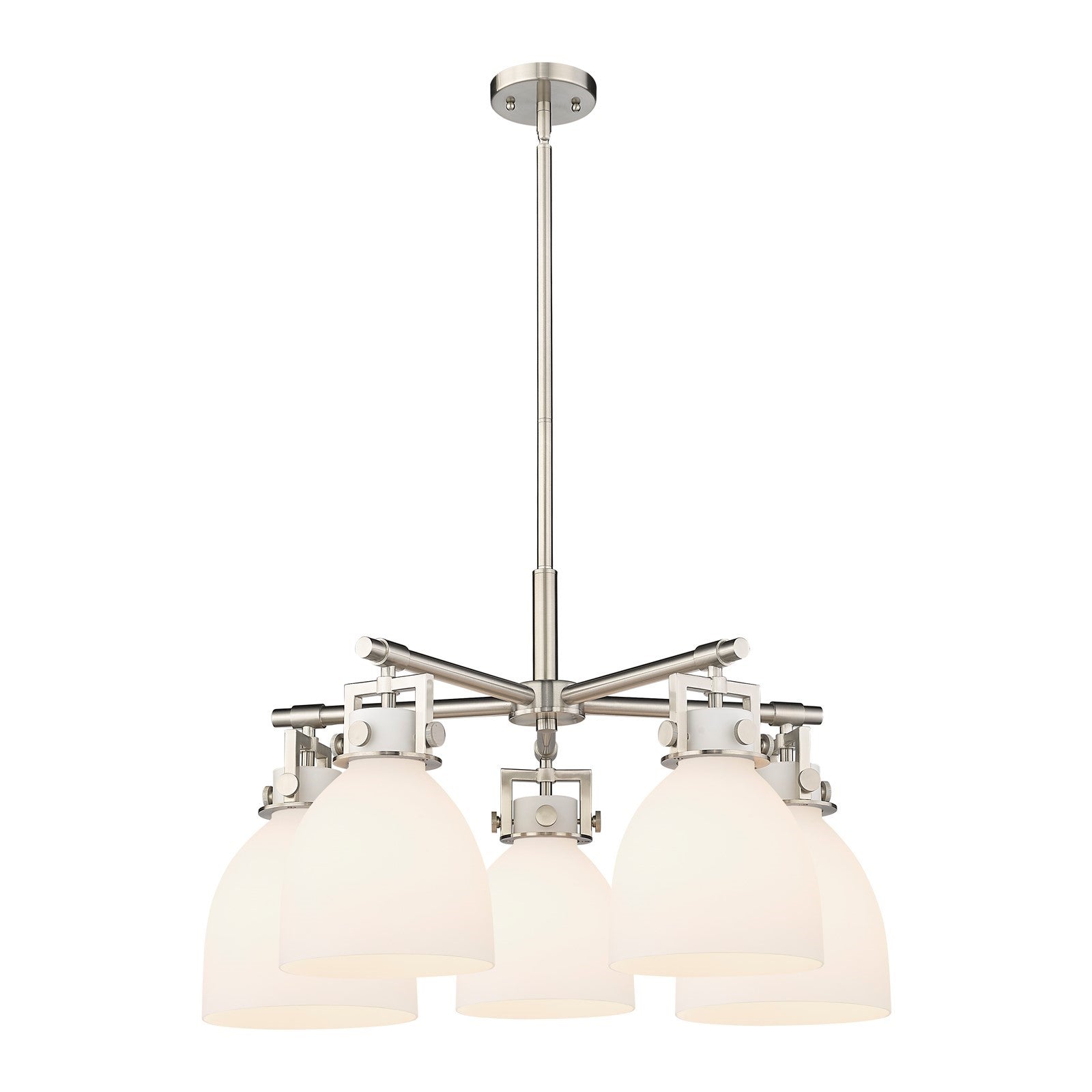 Innovations Newton Bell 26in 5-Light Chandelier | Industrial Satin Nickel and White Frosted Glass | Kitchen Island | Model 411-5CR-SN-G412-7WH