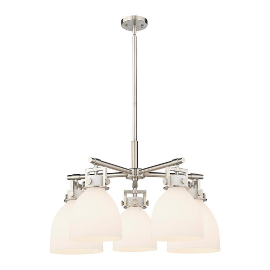 Innovations Newton Bell 26in 5-Light Chandelier | Industrial Satin Nickel and White Frosted Glass | Kitchen Island | Model 411-5CR-SN-G412-7WH