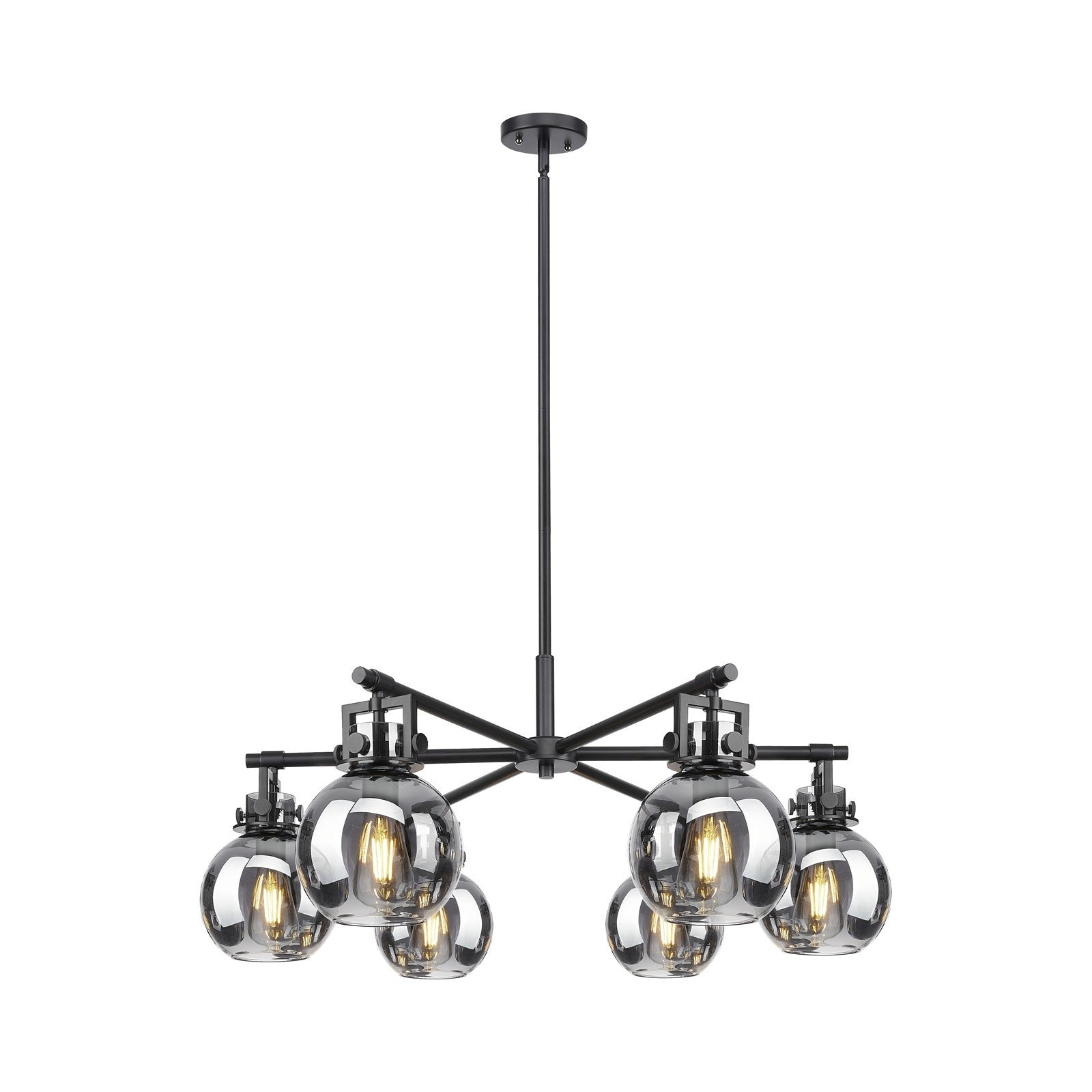 Innovations Newton Sphere 34in 6-Light Chandelier | Industrial Matte Black and Light Smoke Glass | Kitchen Island | Model 411-6CR-BK-G410-7SM
