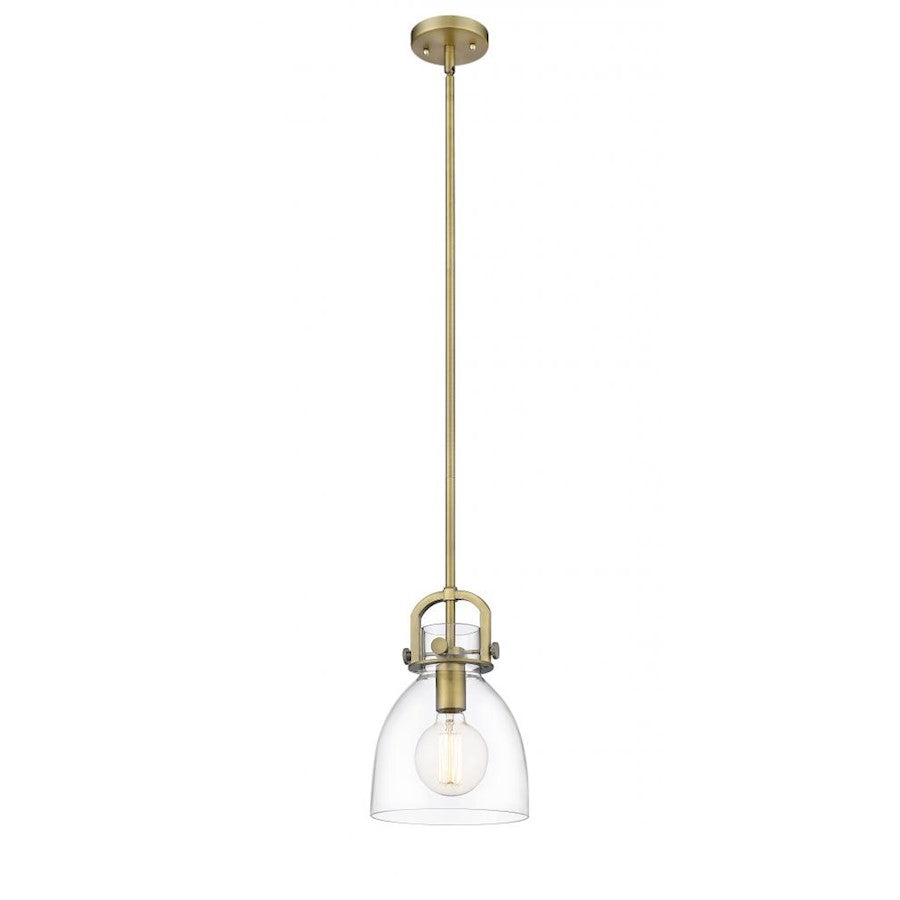 Innovations Newton Bell 8in 1-Light Mini Pendant | Restoration Brushed Brass and Clear Glass | Kitchen Island & Dining Room | Model 412-1S-BB-8CL-LED