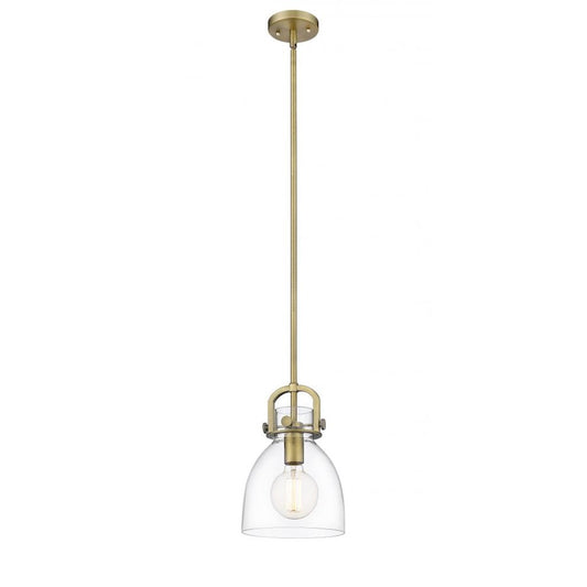 Innovations Newton Bell 8in 1-Light Mini Pendant | Restoration Brushed Brass and Clear Glass | Kitchen Island & Dining Room | Model 412-1S-BB-8CL-LED