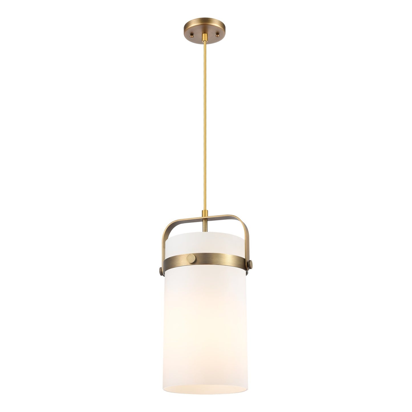 Innovations Pilaster 8in 1-Light Mini Pendant | Industrial Brushed Brass and Cased Matte White Glass | Kitchen Island | Model 413-1PM-BB-G413-1S-8WH