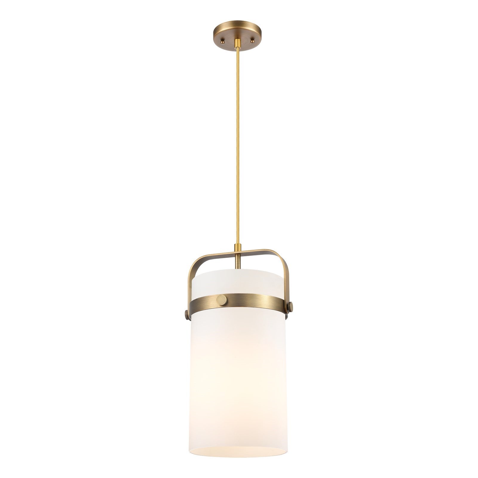 Innovations Pilaster 8in 1-Light Mini Pendant | Industrial Brushed Brass and Cased Matte White Glass | Kitchen Island | Model 413-1PM-BB-G413-1S-8WH