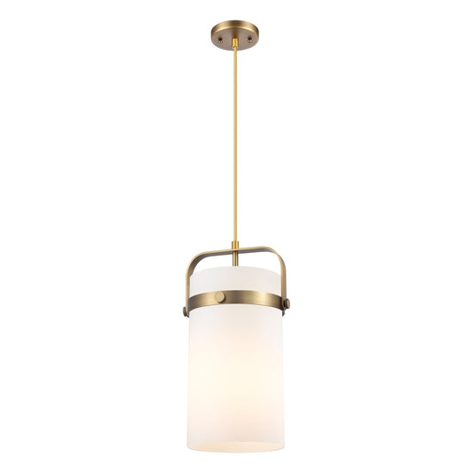 Innovations Pilaster 8in 1-Light Mini Pendant | Industrial Brushed Brass and Cased Matte White Glass | Kitchen Island | Model 413-1PM-BB-G413-1S-8WH