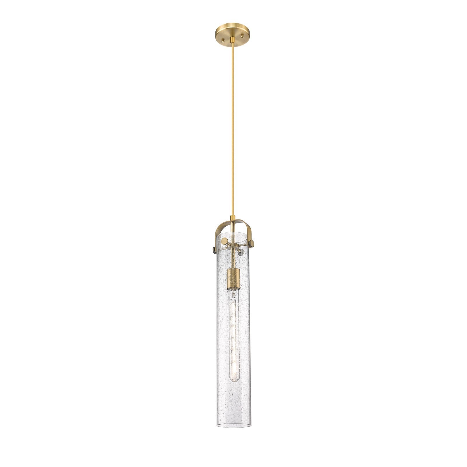 Innovations Pilaster 4.75in 1-Light Pendant | Industrial Brushed Brass and Seedy Glass | Kitchen Island & Dining Room | Model 413-1PS-BB-G413-1S-4SDY