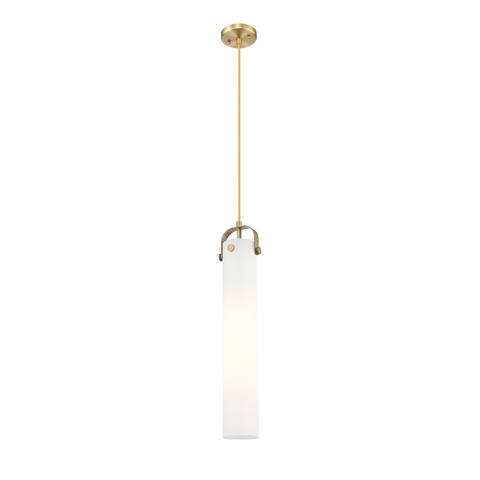 Innovations Pilaster 4.75in 1-Light Pendant | Industrial Brushed Brass and Cased Matte White Glass | Kitchen Island | Model 413-1PS-BB-G413-1S-4WH