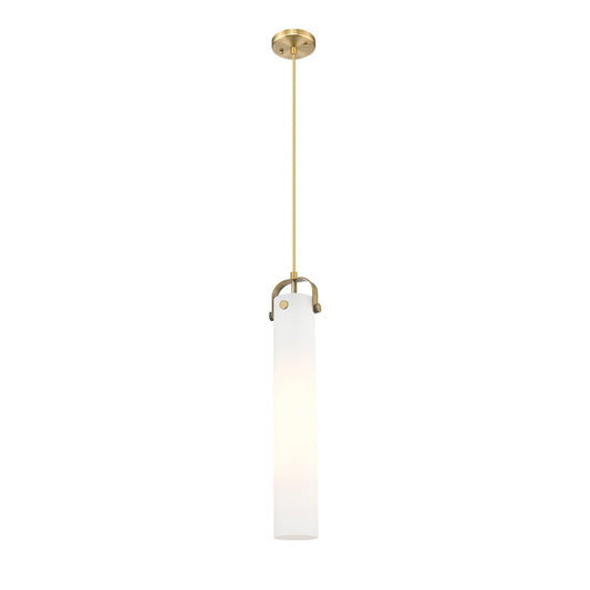 Innovations Pilaster 4.75in 1-Light Pendant | Industrial Brushed Brass and Cased Matte White Glass | Kitchen Island | Model 413-1PS-BB-G413-1S-4WH