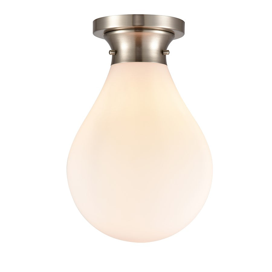 Innovations Genesis 14.75in 1-Light LED Flush Mount | Contemporary Satin Nickel Steel and White Glass Globe | Bedroom & Hallway | Model 414-1F-SN-10W-LED