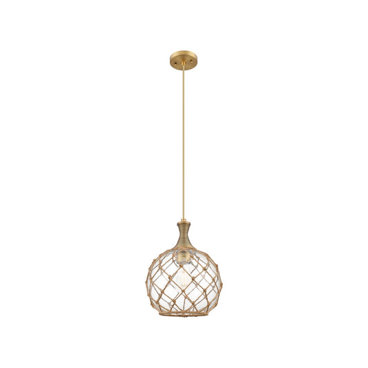 Innovations Astor 10in 1-Light Mini Pendant | Brushed Brass and Clear Glass with Brown Rope | Kitchen Island & Dining | Model 415-1P-BB-G122-10RB