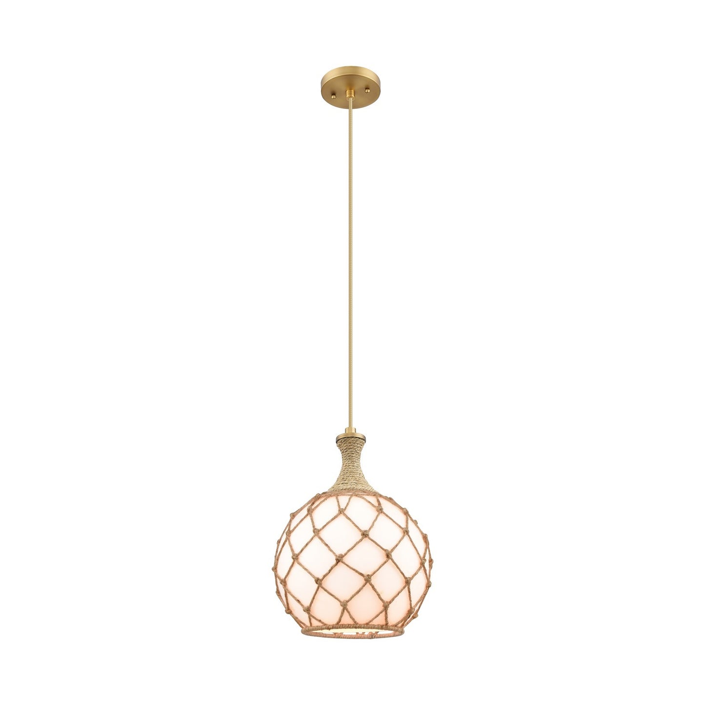Innovations Astor 10in 1-Light Mini Pendant | Brushed Brass and Matte White Glass with Brown Rope | Kitchen Island | Model 415-1PR-BB-G121-10RB
