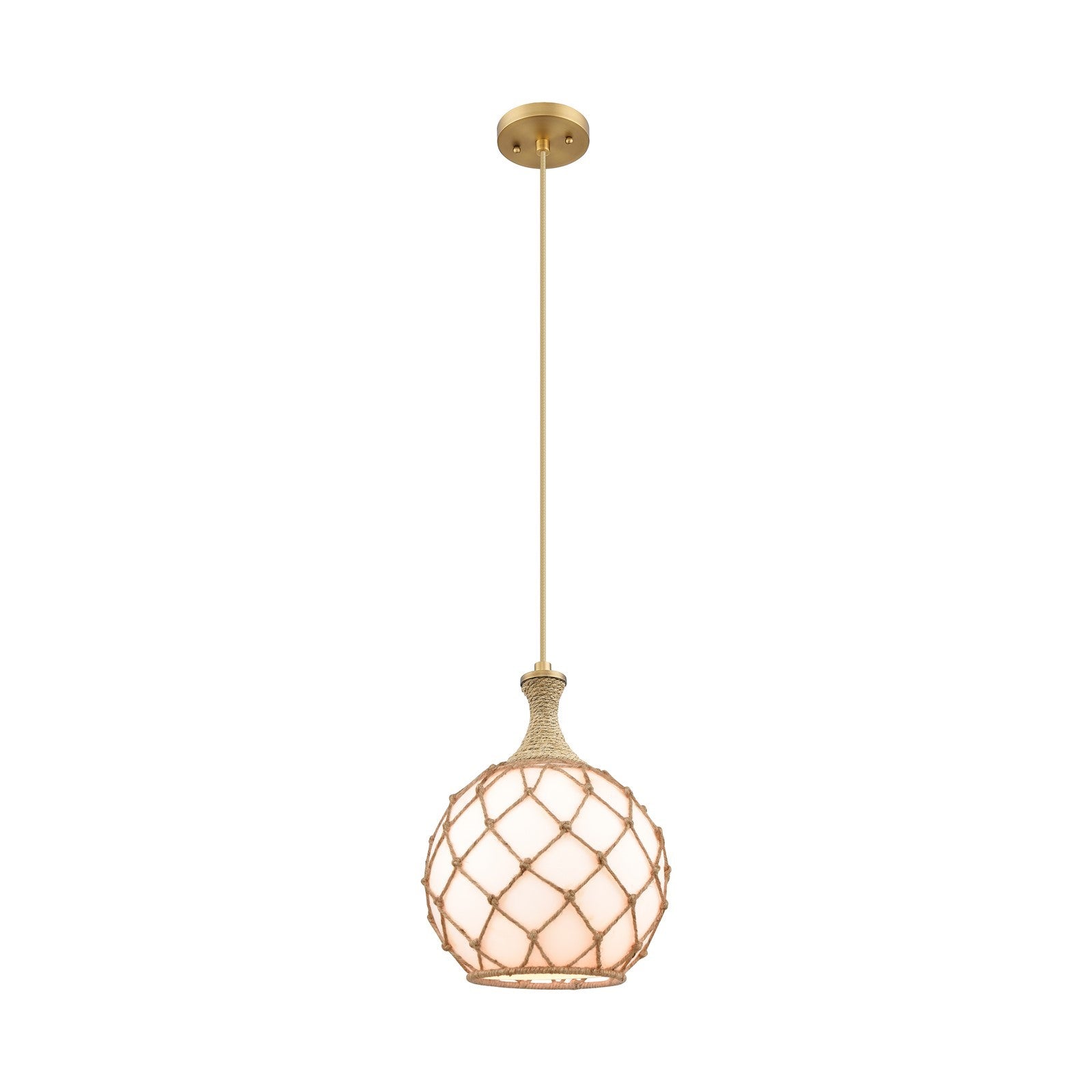 Innovations Astor 10in 1-Light Mini Pendant | Brushed Brass and Matte White Glass with Brown Rope | Kitchen Island | Model 415-1PR-BB-G121-10RB