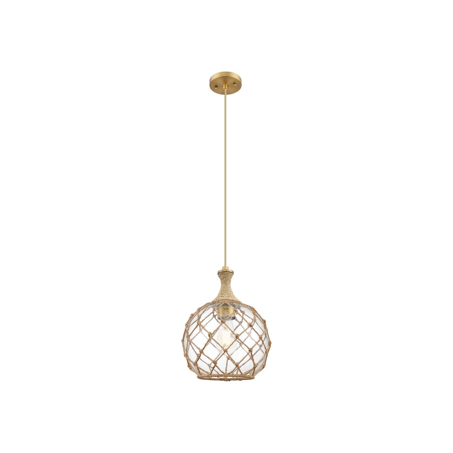 Innovations Astor 10in 1-Light Mini Pendant | Brushed Brass and Clear Glass with Brown Rope | Kitchen Island & Dining | Model 415-1PR-BB-G122-10RB