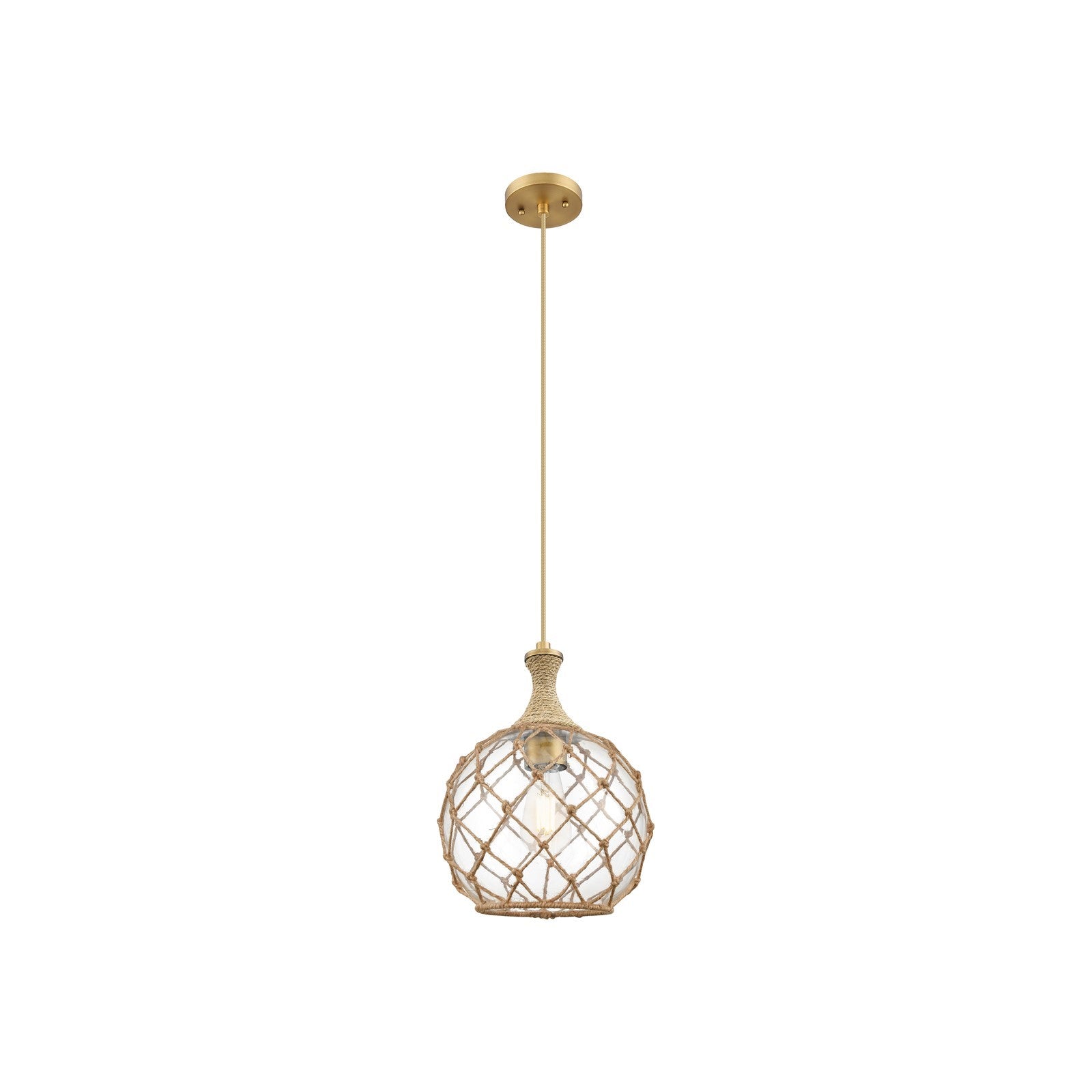 Innovations Astor 10in 1-Light Mini Pendant | Brushed Brass and Clear Glass with Brown Rope | Kitchen Island & Dining | Model 415-1PR-BB-G122-10RB