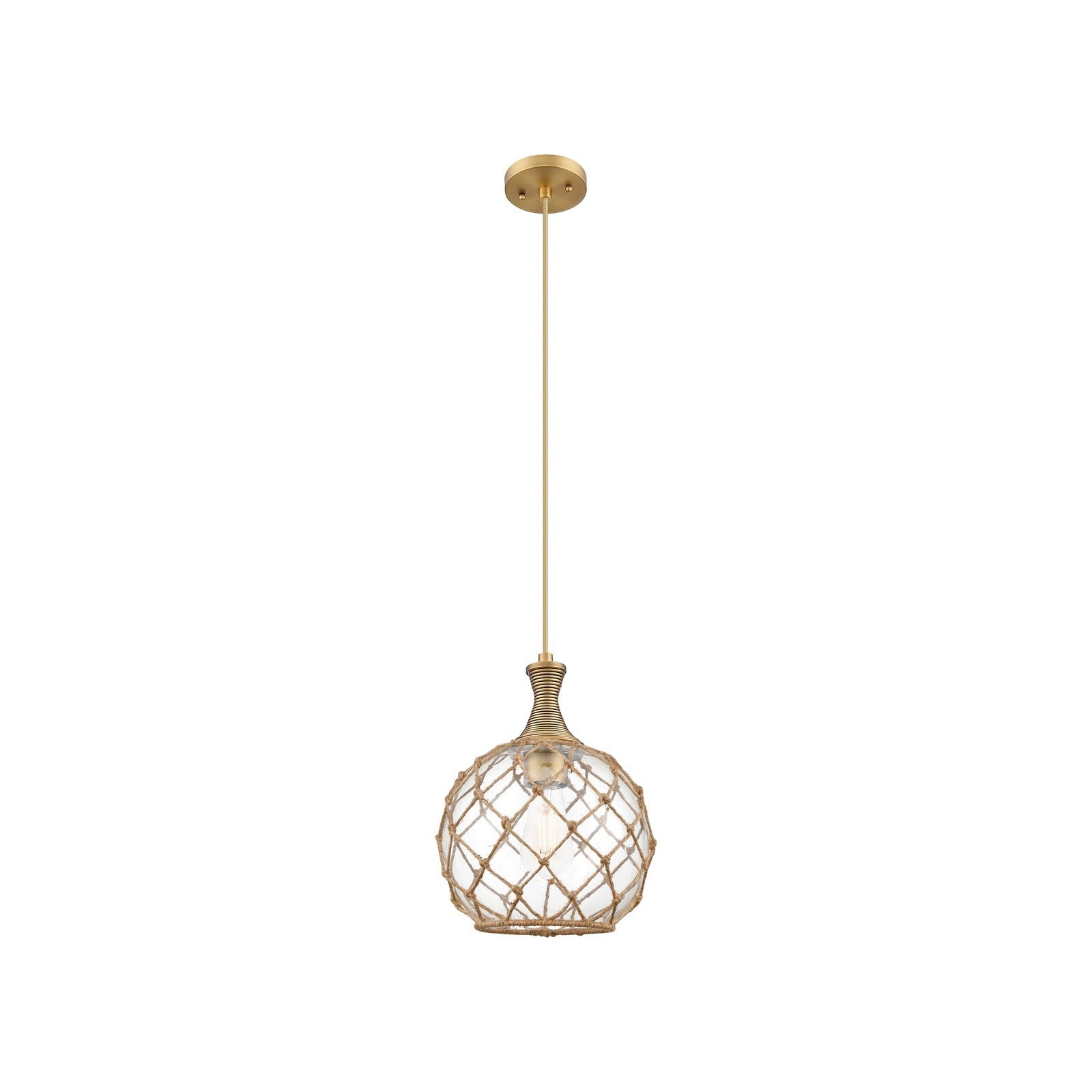 Innovations Astor 10in 1-Light Stem Hung Mini Pendant | Brushed Brass and Clear Glass Brown Rope | Kitchen Island | Model 415-1S-BB-G122-10RB