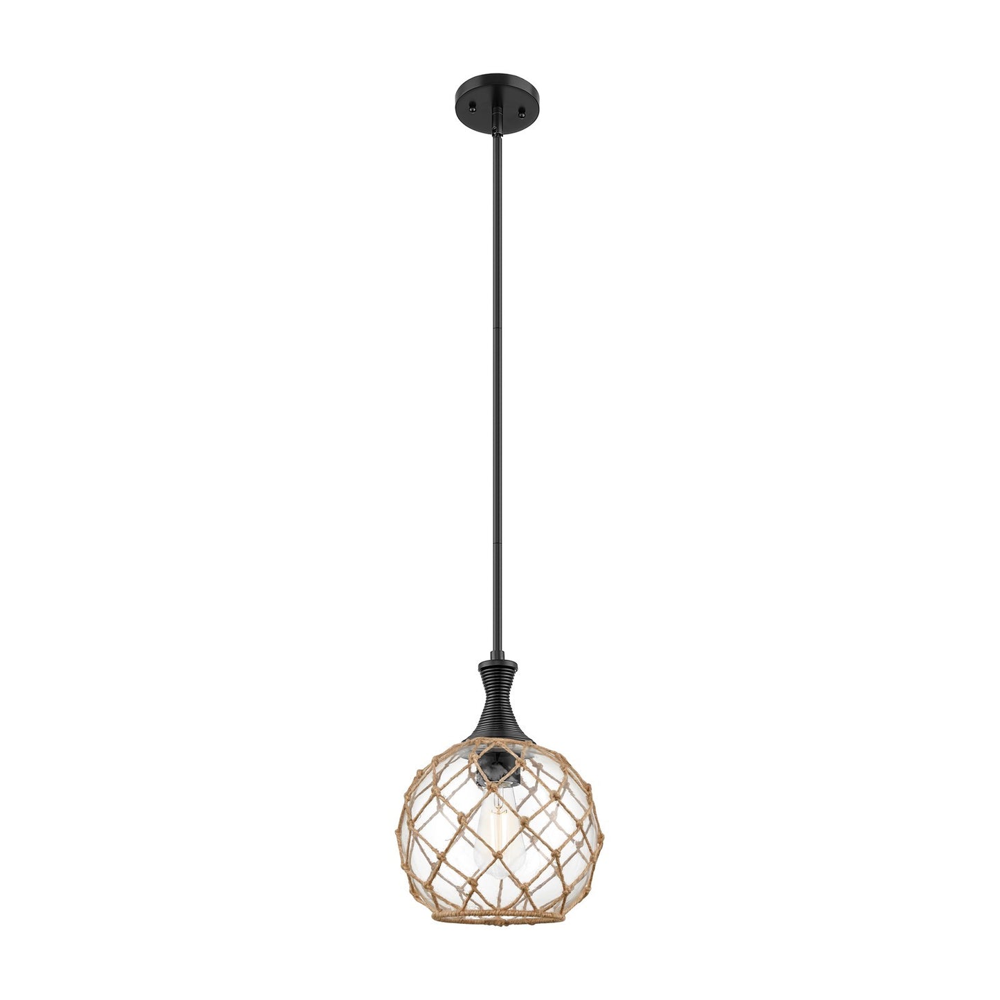 Innovations Astor 10in 1-Light Stem Hung Mini Pendant | Matte Black and Clear Glass Brown Rope | Kitchen Island & Dining | Model 415-1S-BK-G122-10RB