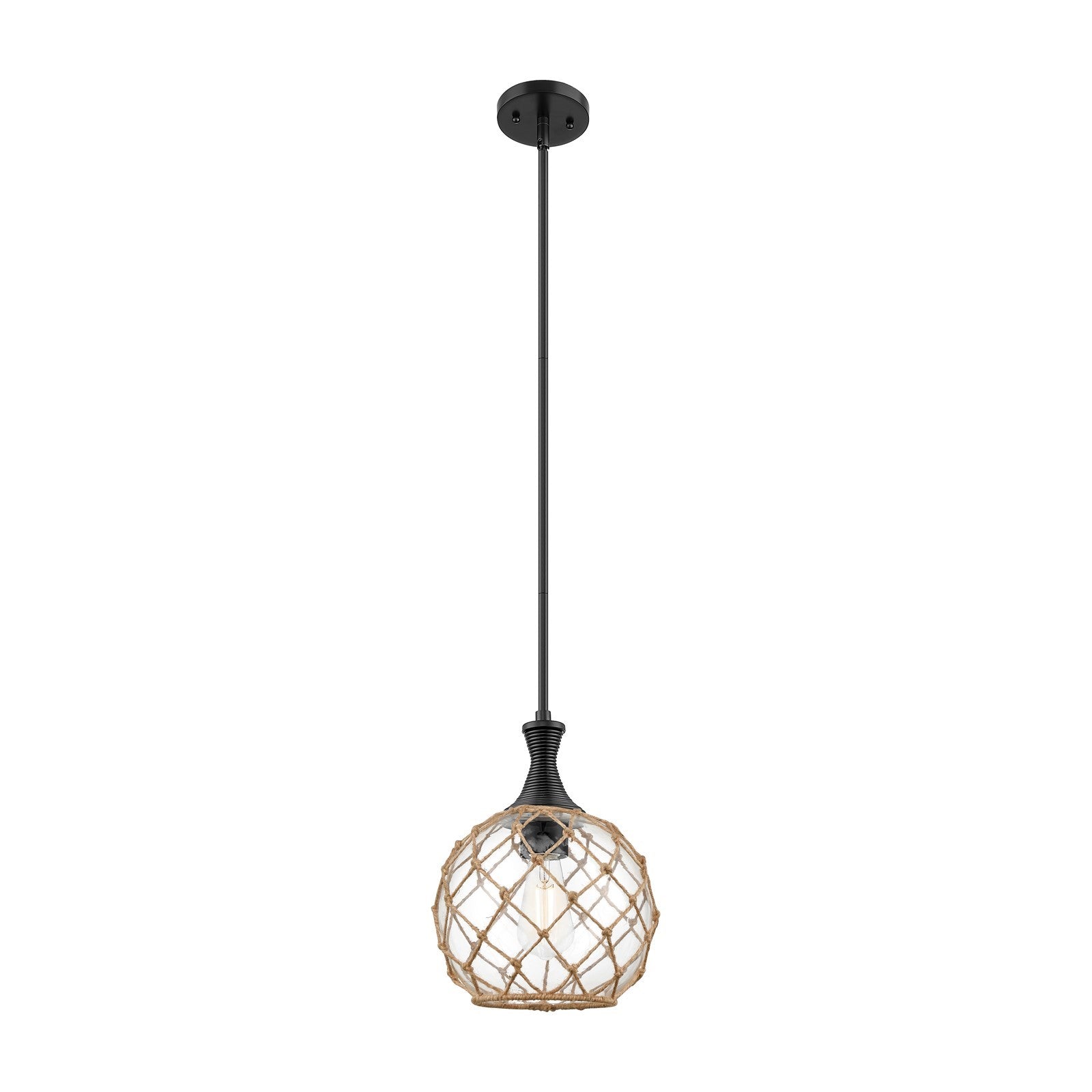 Innovations Astor 10in 1-Light Stem Hung Mini Pendant | Matte Black and Clear Glass Brown Rope | Kitchen Island & Dining | Model 415-1S-BK-G122-10RB