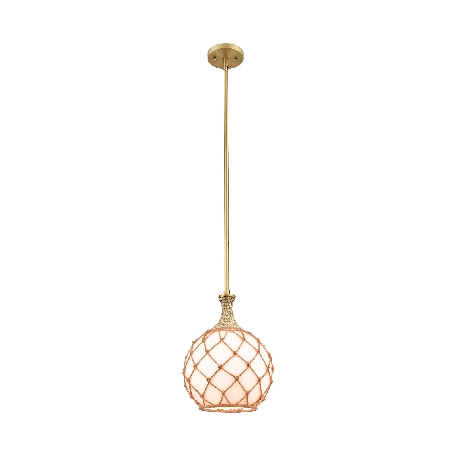 Innovations Astor 10in 1-Light Mini Pendant | Industrial Brushed Brass and Matte White Glass with Brown Rope | Kitchen | Model 415-1SR-BB-G121-10RB