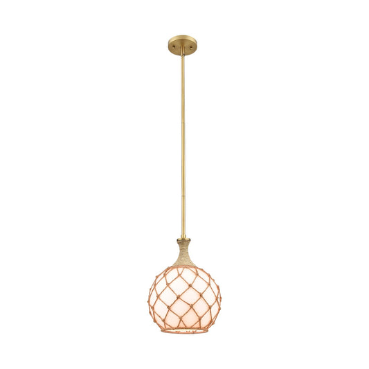 Innovations Astor 10in 1-Light Mini Pendant | Industrial Brushed Brass and Matte White Glass with Brown Rope | Kitchen | Model 415-1SR-BB-G121-10RB