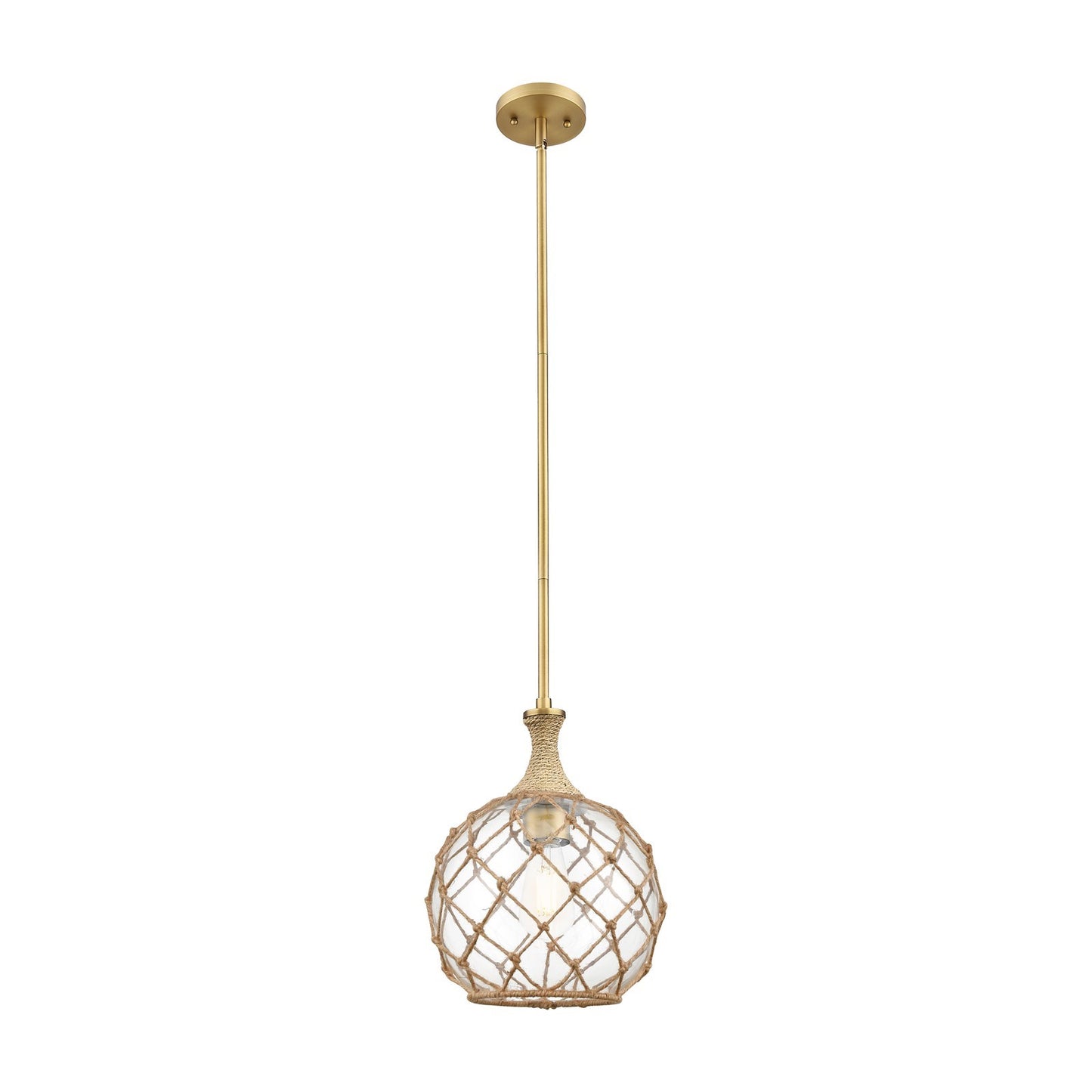 Innovations Astor 10in 1-Light Mini Pendant | Industrial Brushed Brass and Clear Glass with Brown Rope | Kitchen Island | Model 415-1SR-BB-G122-10RB