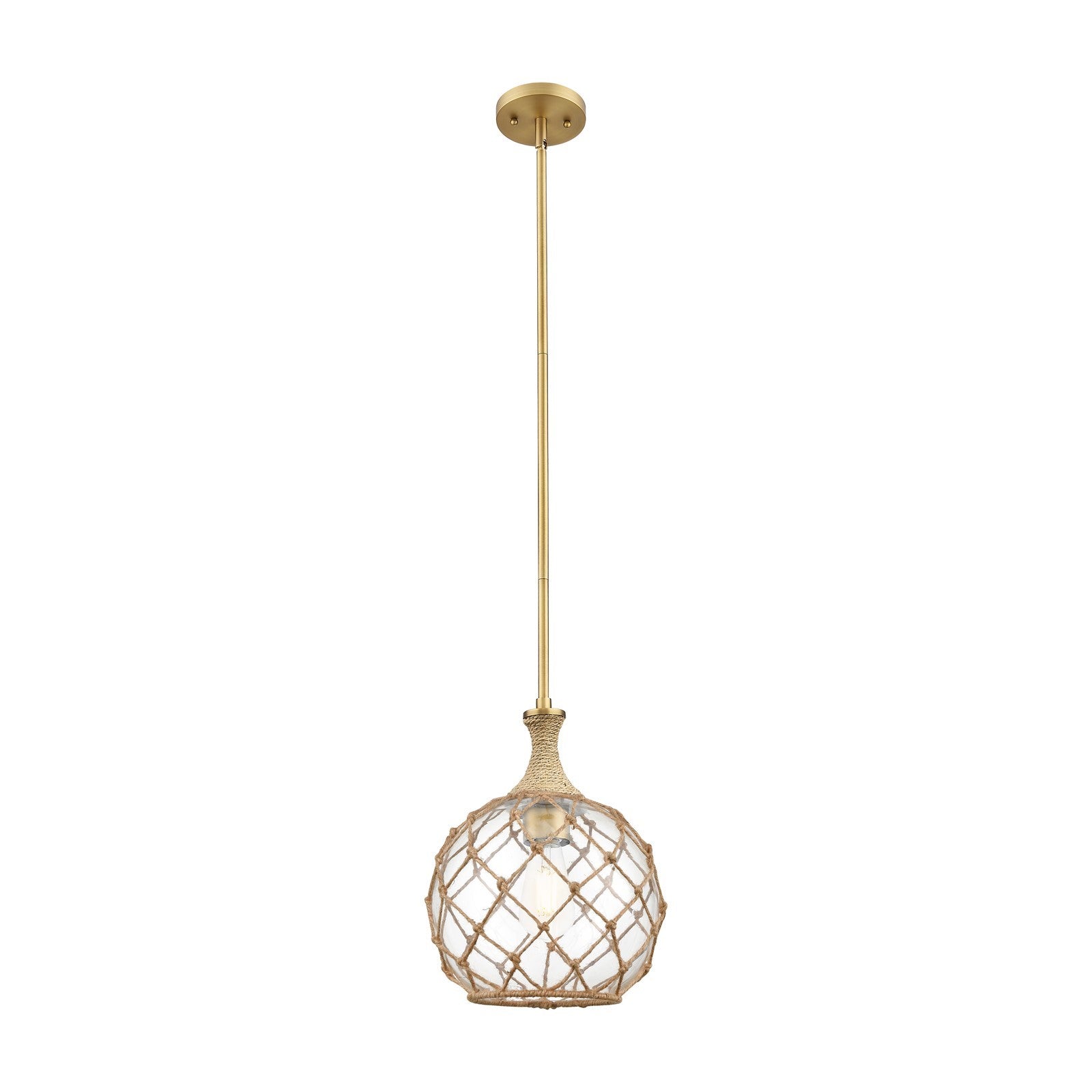 Innovations Astor 10in 1-Light Mini Pendant | Industrial Brushed Brass and Clear Glass with Brown Rope | Kitchen Island | Model 415-1SR-BB-G122-10RB