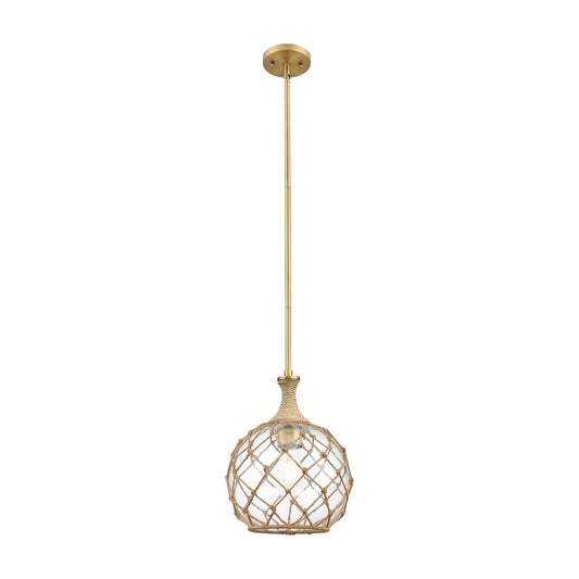 Innovations Astor 10in 1-Light Mini Pendant | Industrial Brushed Brass and Clear Glass with Brown Rope | Kitchen Island | Model 415-1SR-BB-G122-10RB