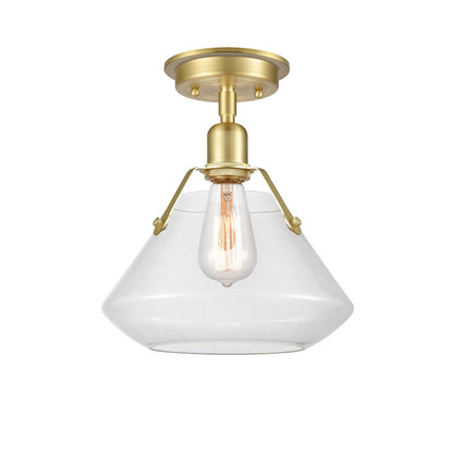 Innovations Luna 11in 1-Light Flush Mount | Retro Industrial Art Deco Satin Brass and Clear Glass | Bedroom & Hallway | Model 422-1F-SB-10CL