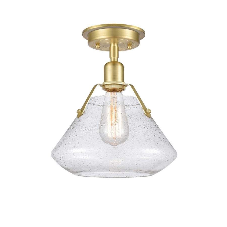 Innovations Luna 1-Light Flush Mount | Retro Industrial Satin Brass Cast Brass and Amber Seedy Glass | Bedroom & Hallway Ceiling | Model 422-1F-SB-10SDY