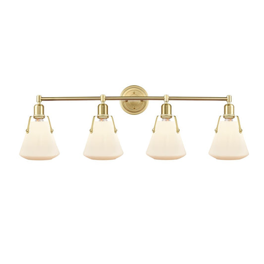 Innovations Luna 40in 4-Light Vanity | Retro Industrial Satin Brass and Amber Glass | Bathroom & Powder Room | 40 x 12.25 x 7.75 in | Model 422-4W-SB-7W