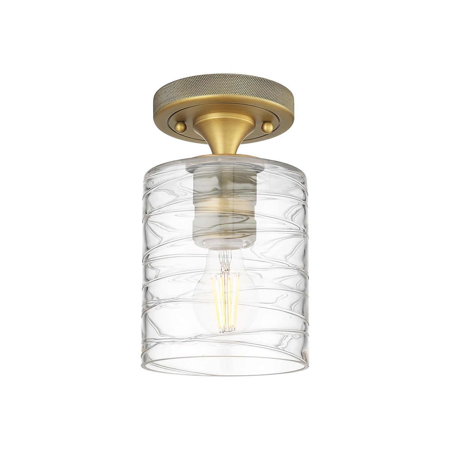 Innovations Cobbleskill 5in 1-Light Flush Mount | Industrial Brushed Brass and Deco Swirl Glass | Hallway & Bathroom | Model 434-1F-BB-G1113