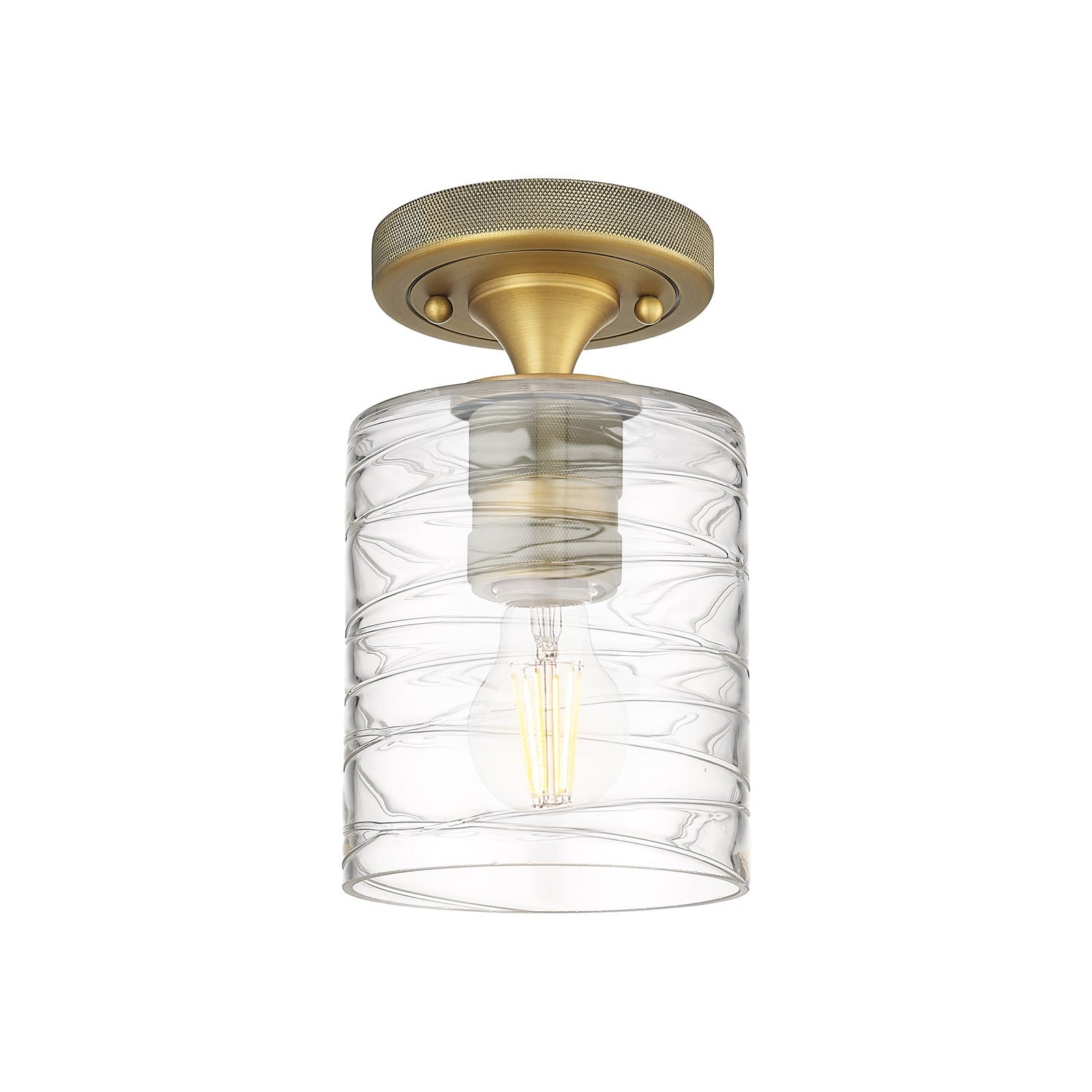 Innovations Cobbleskill 5in 1-Light Flush Mount | Industrial Brushed Brass and Deco Swirl Glass | Hallway & Bathroom | Model 434-1F-BB-G1113