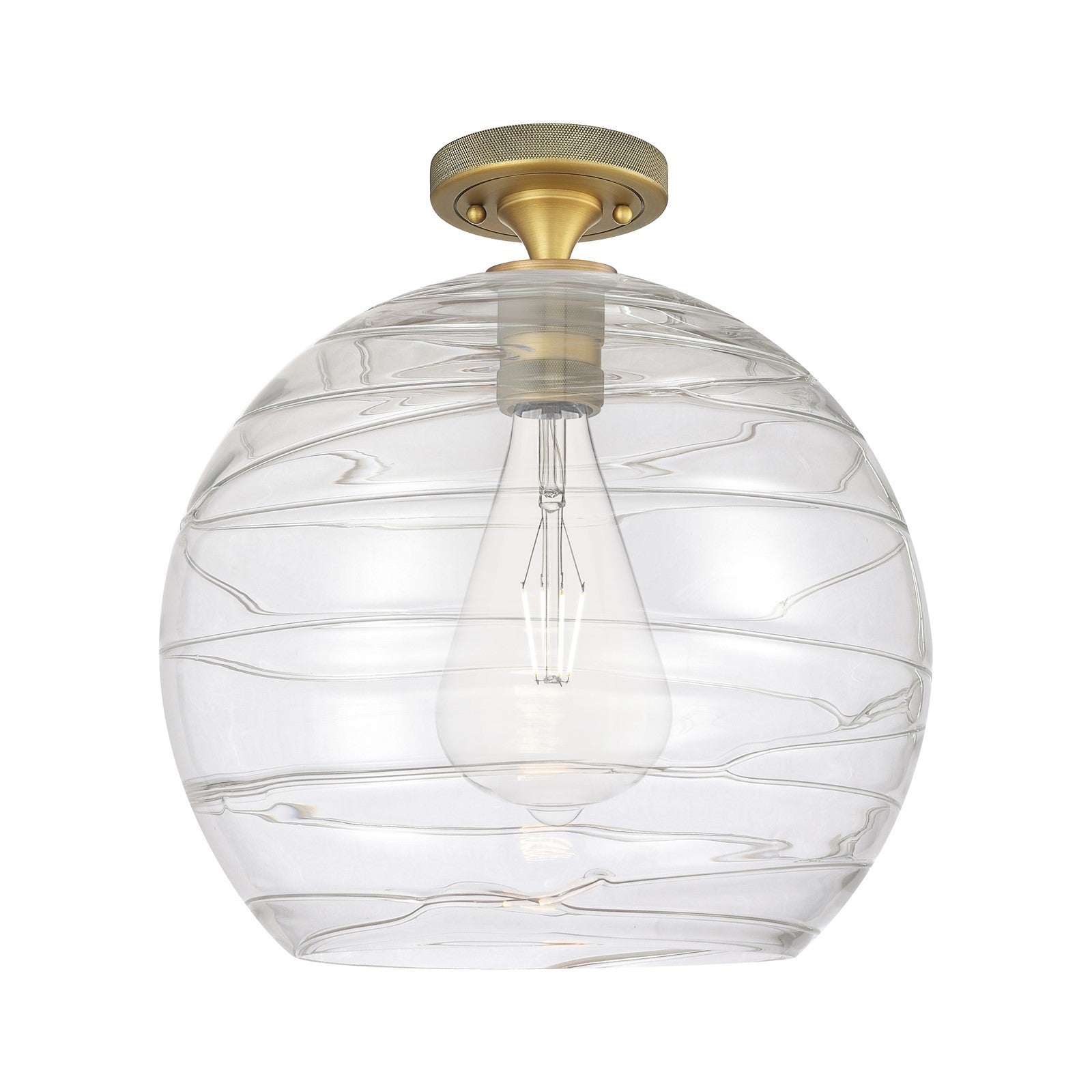 Innovations Athens Deco Swirl 13.75in 1-Light Flush Mount | Industrial Brushed Brass and Clear Glass | Dining Room | Model 434-1F-BB-G1213-14CL