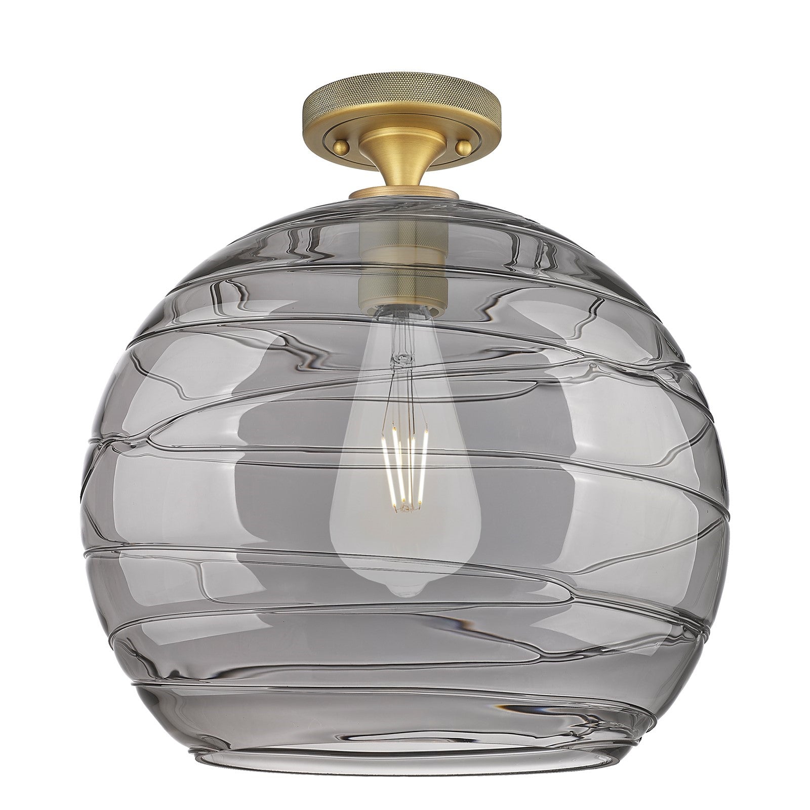 Innovations Athens Deco Swirl 13.75in 1-Light Flush Mount | Industrial Brushed Brass and Light Smoke Glass | Dining Room | Model 434-1F-BB-G1213-14SM