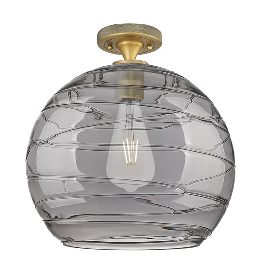 Innovations Athens Deco Swirl 13.75in 1-Light Flush Mount | Industrial Brushed Brass and Light Smoke Glass | Dining Room | Model 434-1F-BB-G1213-14SM