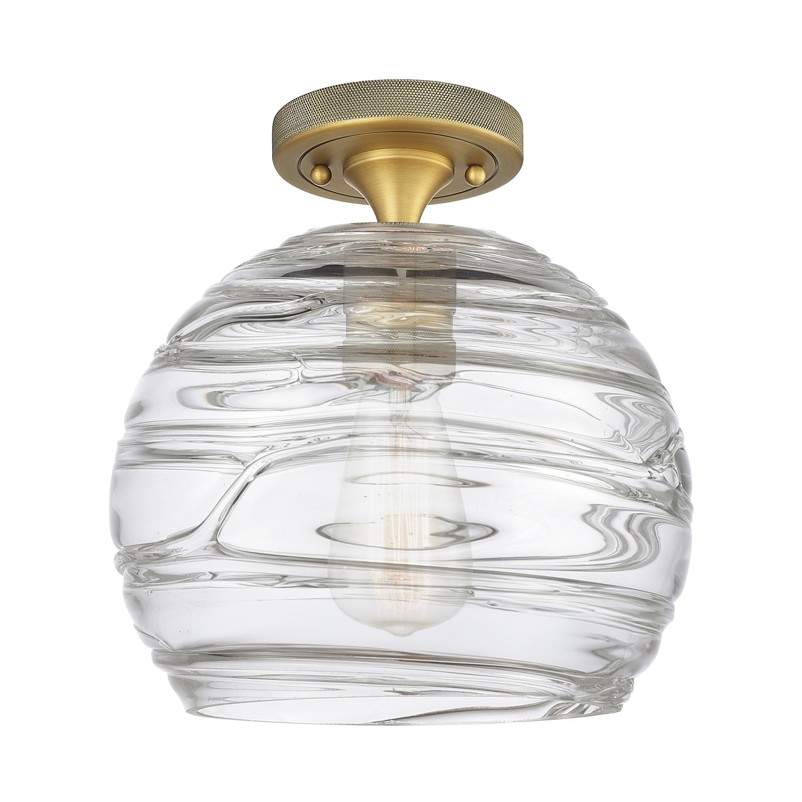 Innovations Crown Point 8in 1-Light Flush Mount | Industrial Brushed Brass and Clear Deco Swirl Glass | Hallway & Bedroom | Model 434-1F-BB-G1213-8CL