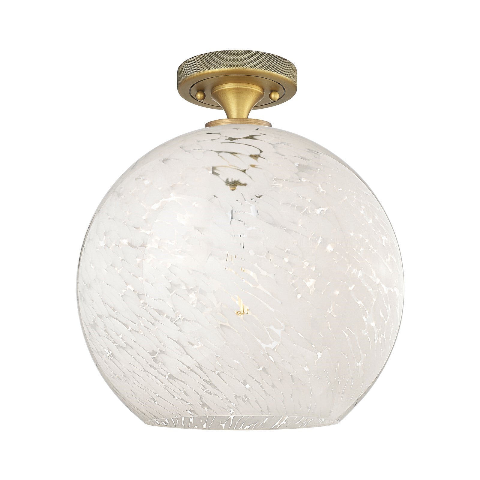 Innovations White Mouchette 12in 1-Light Flush Mount | Industrial Brushed Brass and White Glass | Hallway & Bedroom | Model 434-1F-BB-G1216-12WM