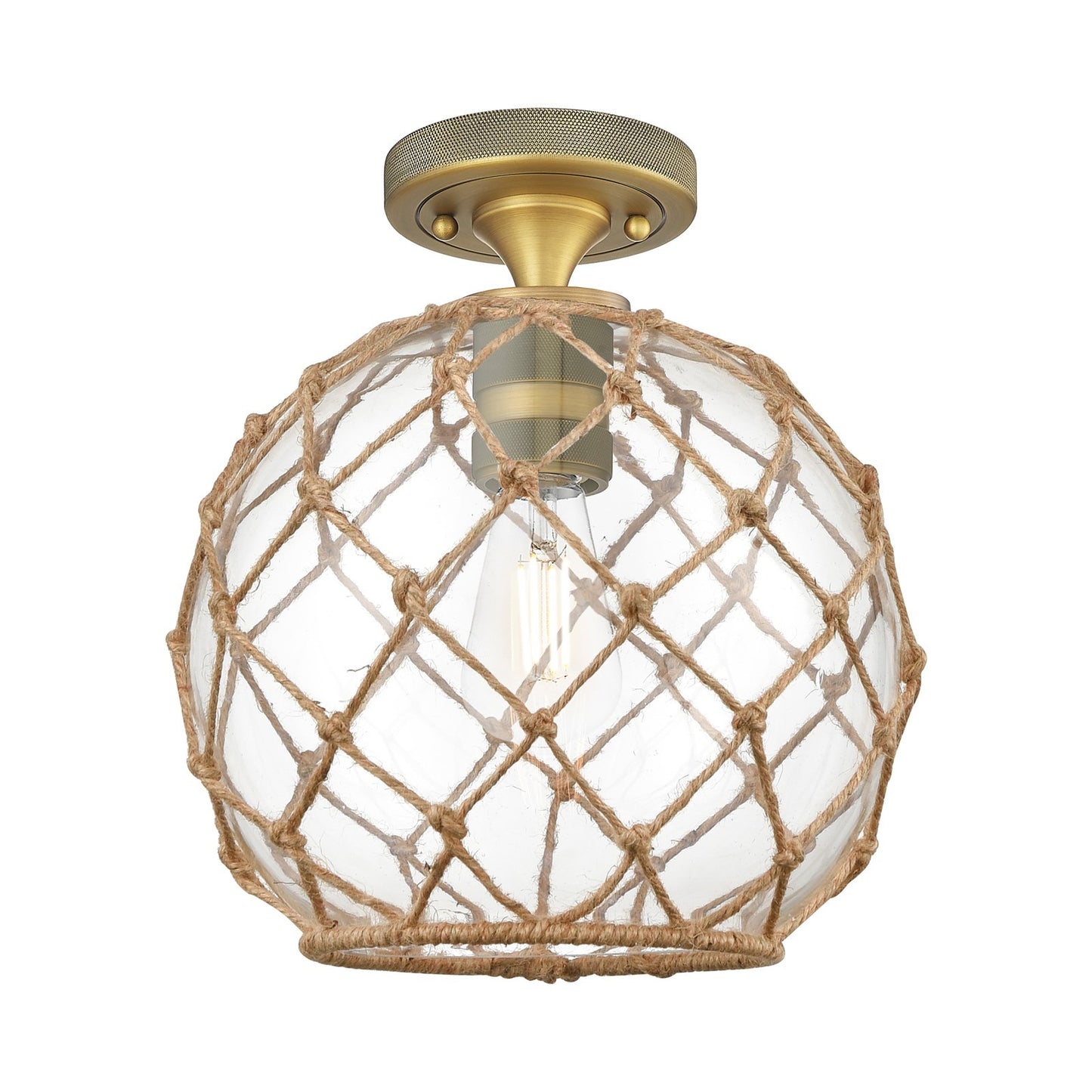 Innovations Farmhouse Rope 10in 1-Light Flush Mount | Industrial Brushed Brass and Clear Glass Brown Rope | Hallway | Model 434-1F-BB-G122-10RB