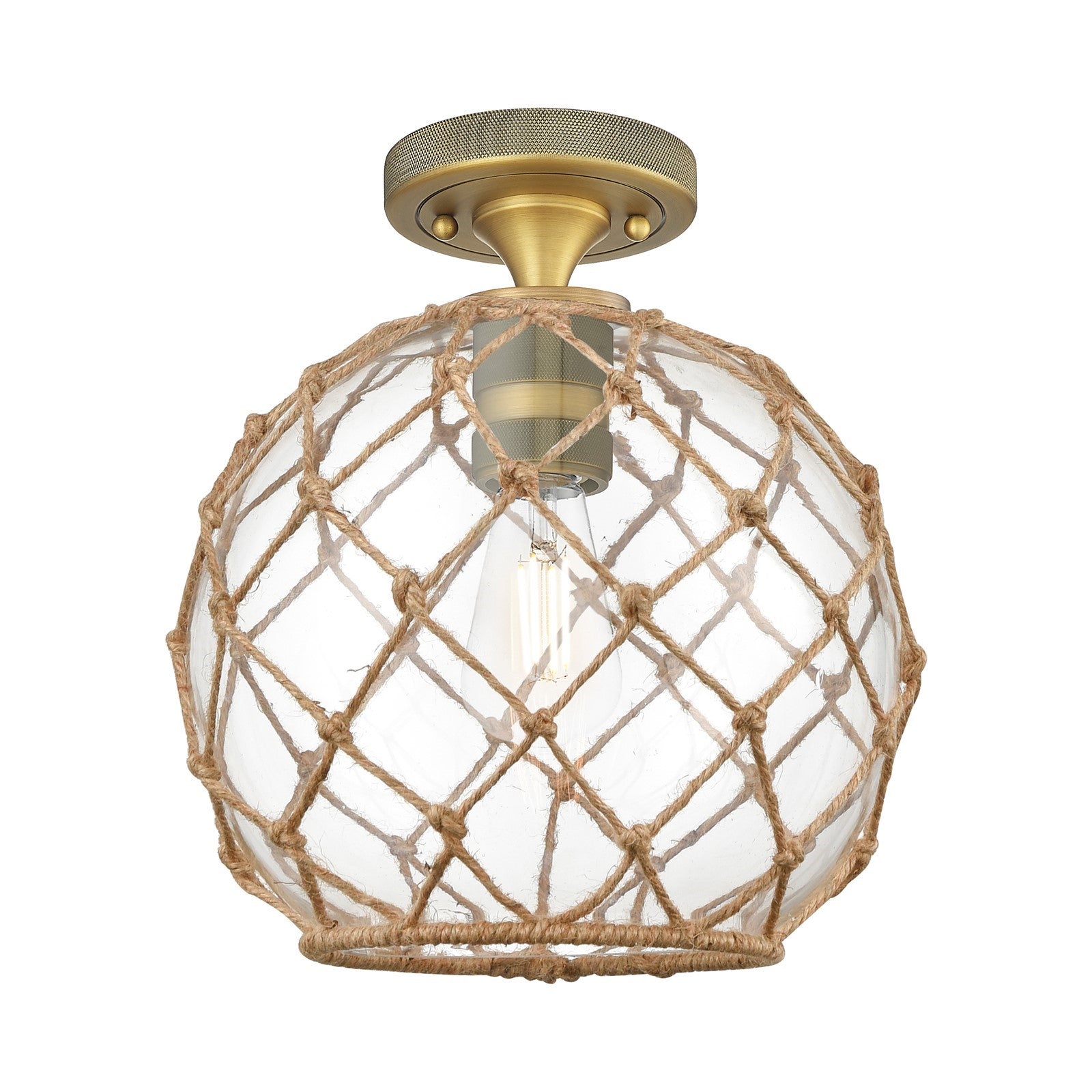 Innovations Farmhouse Rope 10in 1-Light Flush Mount | Industrial Brushed Brass and Clear Glass Brown Rope | Hallway | Model 434-1F-BB-G122-10RB