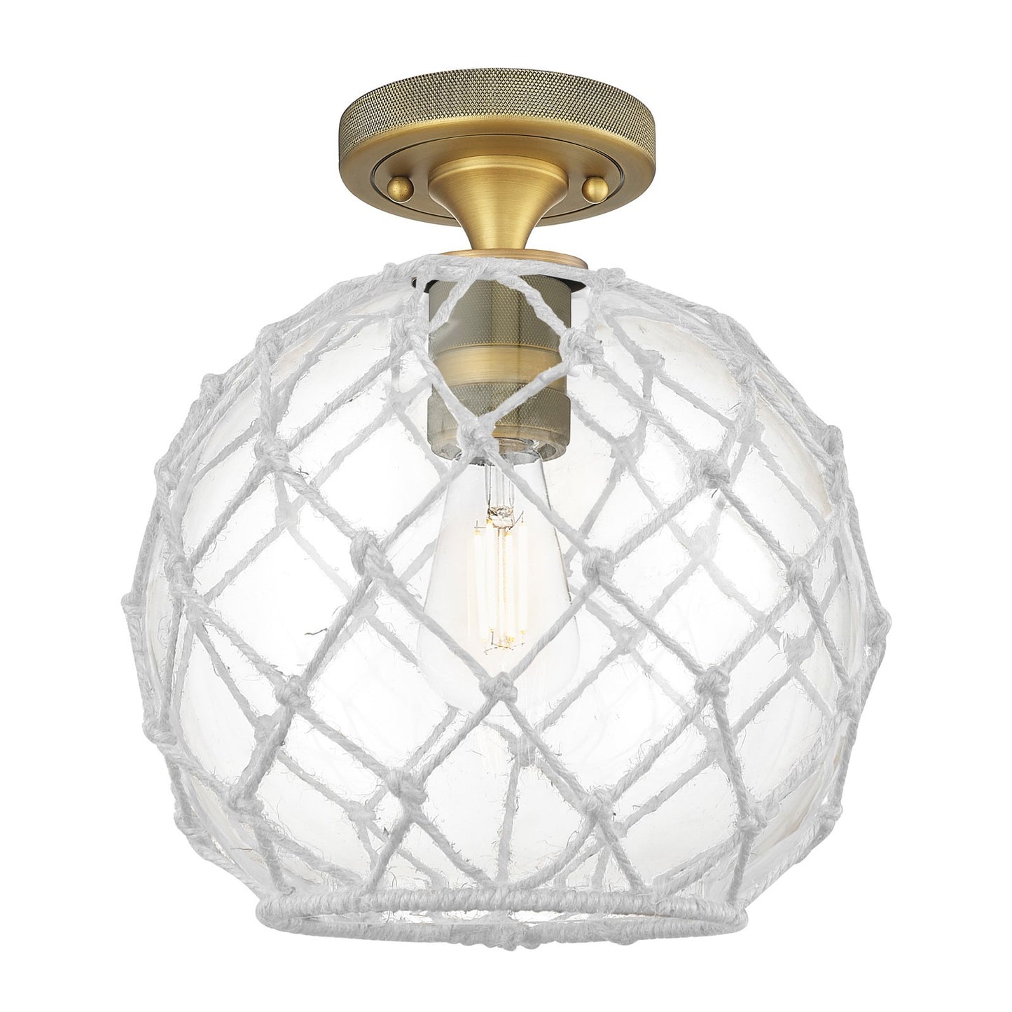Innovations Farmhouse Rope 10in 1-Light Flush Mount | Industrial Brushed Brass and Clear Glass White Rope | Hallway | Model 434-1F-BB-G122-10RW
