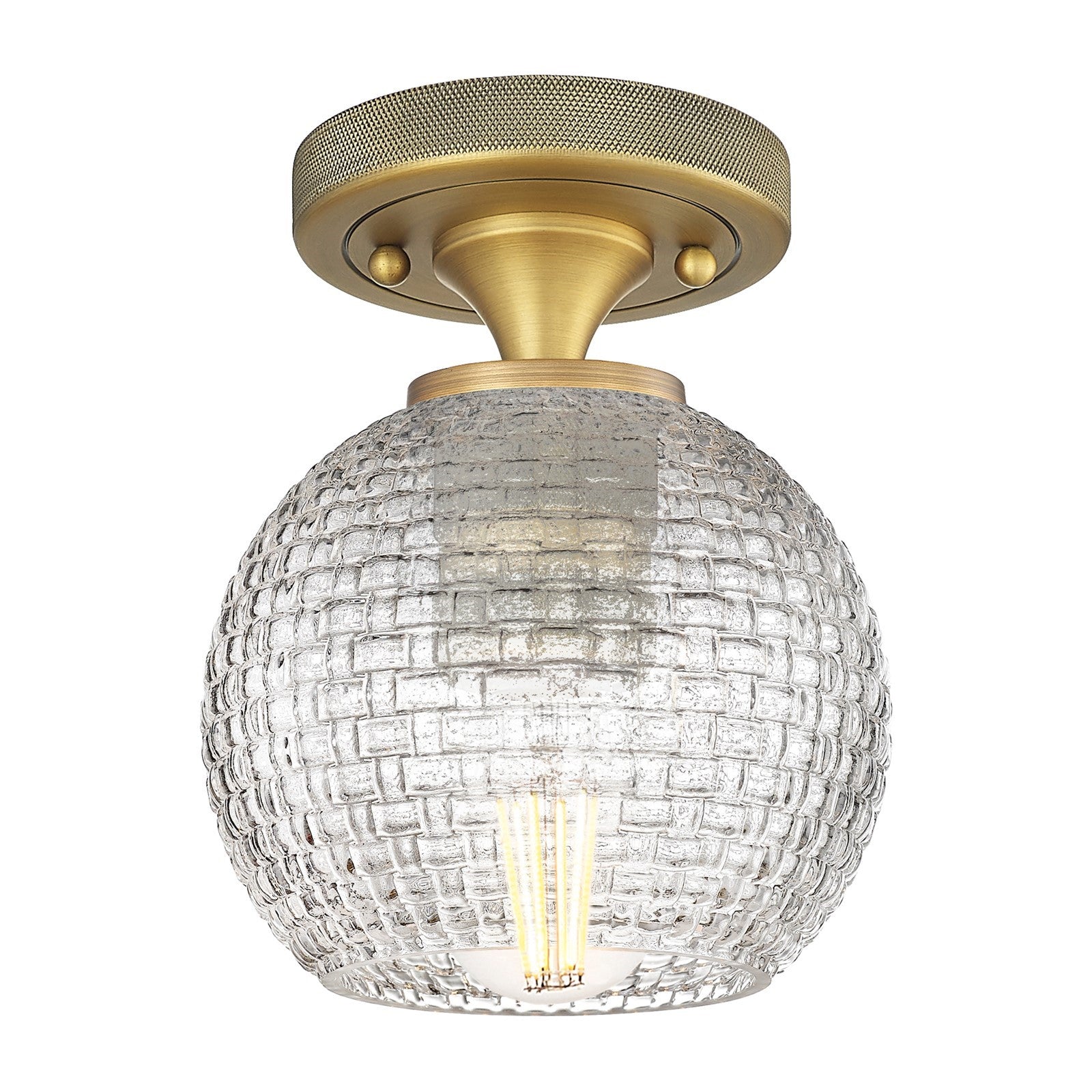 Innovations Athens 6in 1-Light Flush Mount | Industrial Brushed Brass and Clear Basket Weave Glass | Hallway & Bathroom | Model 434-1F-BB-G122C-6CL