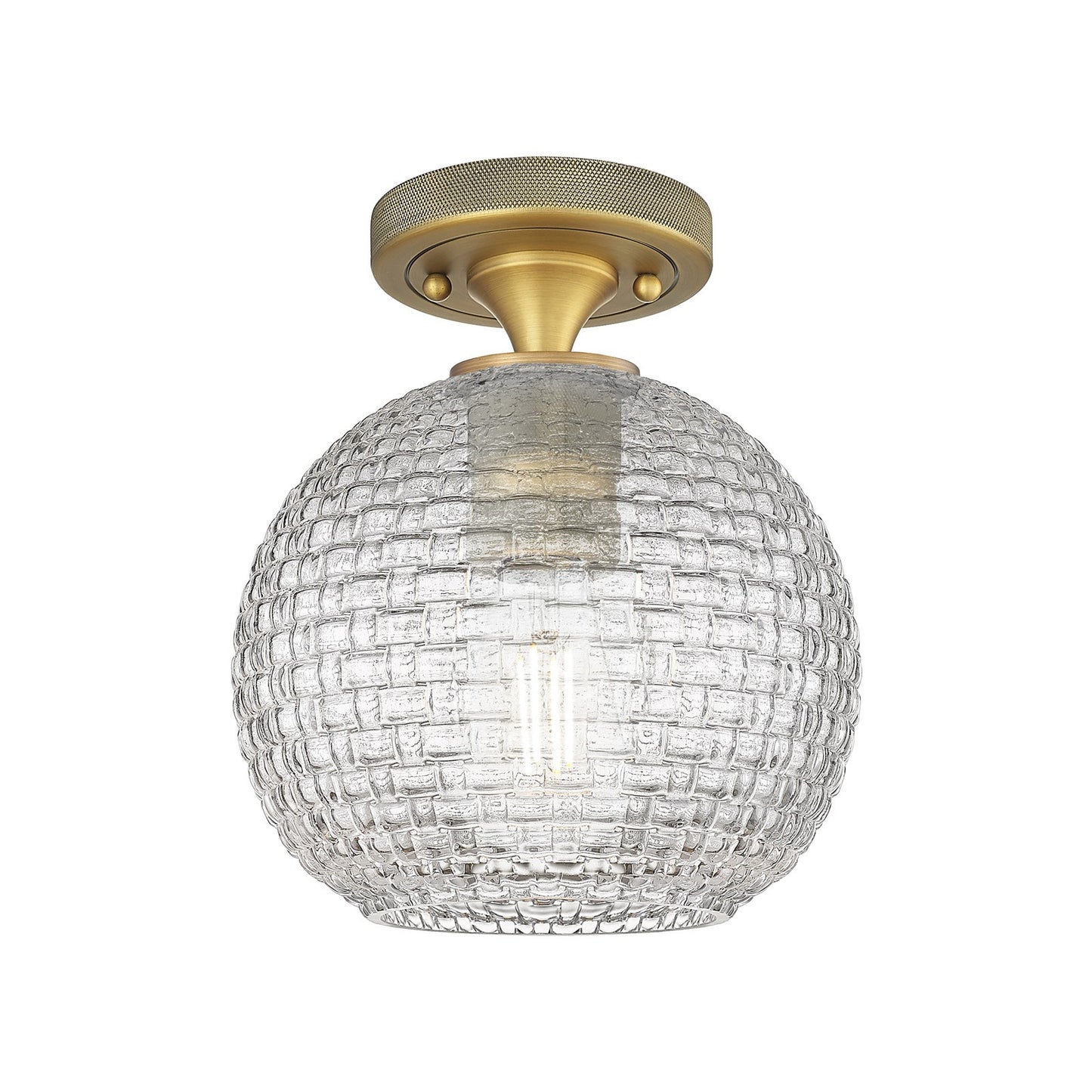 Innovations Athens 8in 1-Light Flush Mount | Industrial Brushed Brass and Clear Basket Weave Glass | Entryway & Hallway | Model 434-1F-BB-G122C-8CL