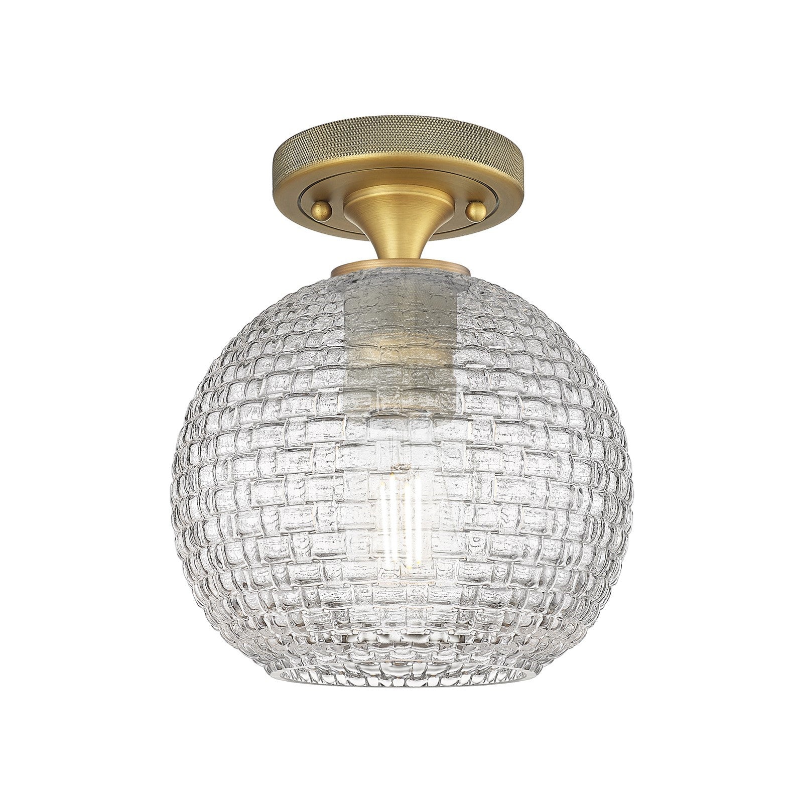 Innovations Athens 8in 1-Light Flush Mount | Industrial Brushed Brass and Clear Basket Weave Glass | Entryway & Hallway | Model 434-1F-BB-G122C-8CL