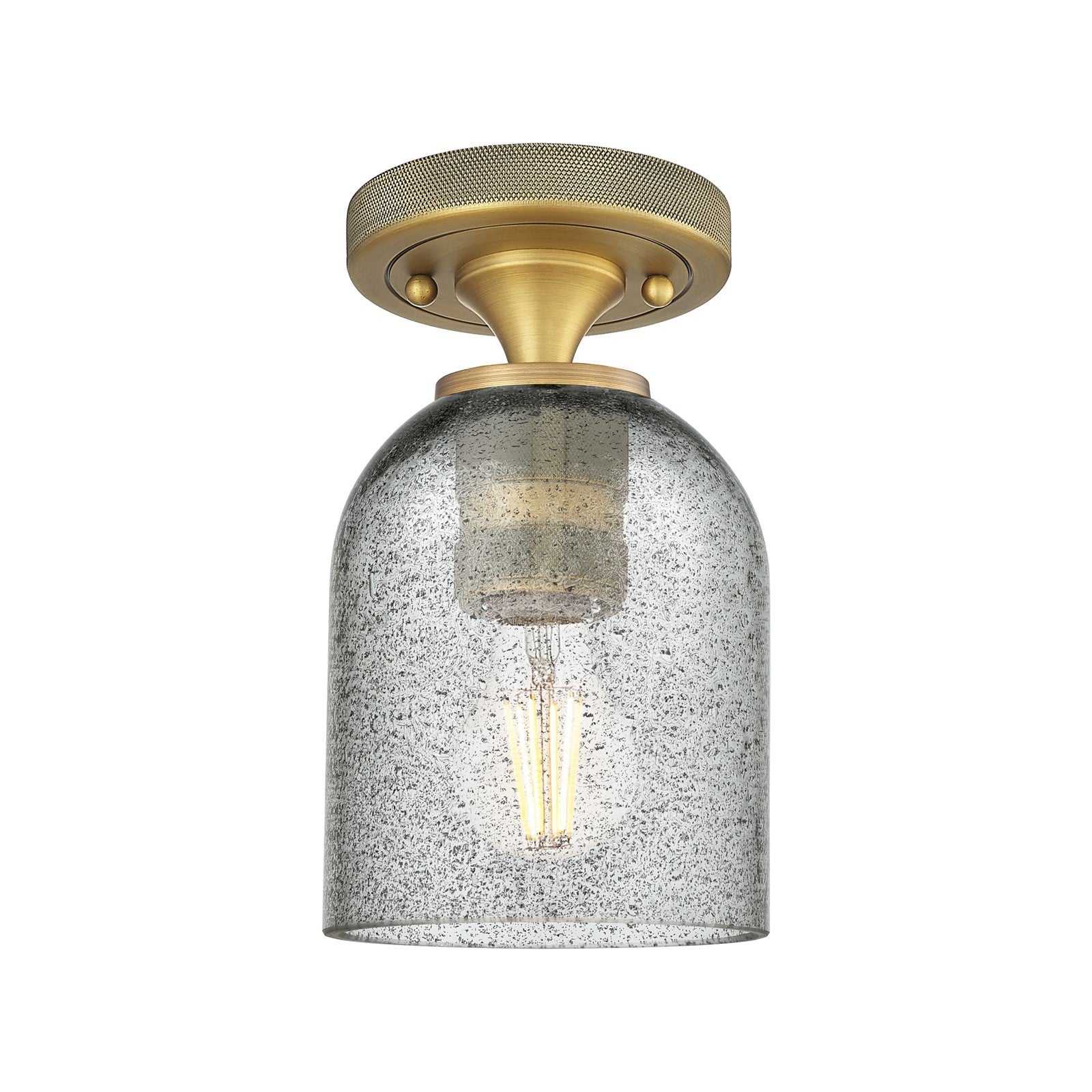 Innovations Caledonia 5in 1-Light Flush Mount | Industrial Brushed Brass and Charcoal Glass | Hallway & Bedroom Ceiling Light | Model 434-1F-BB-G257