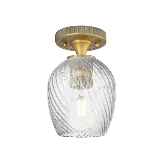 Innovations Salina 5.75in 1-Light Flush Mount | Industrial Brushed Brass and Clear Spiral Fluted Glass | Kitchen & Hallway | Model 434-1F-BB-G292