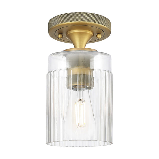 Innovations Hadley 4.5in 1-Light Flush Mount | Industrial Brushed Brass and Clear Ribbed Glass | Bathroom & Hallway | Model 434-1F-BB-G342