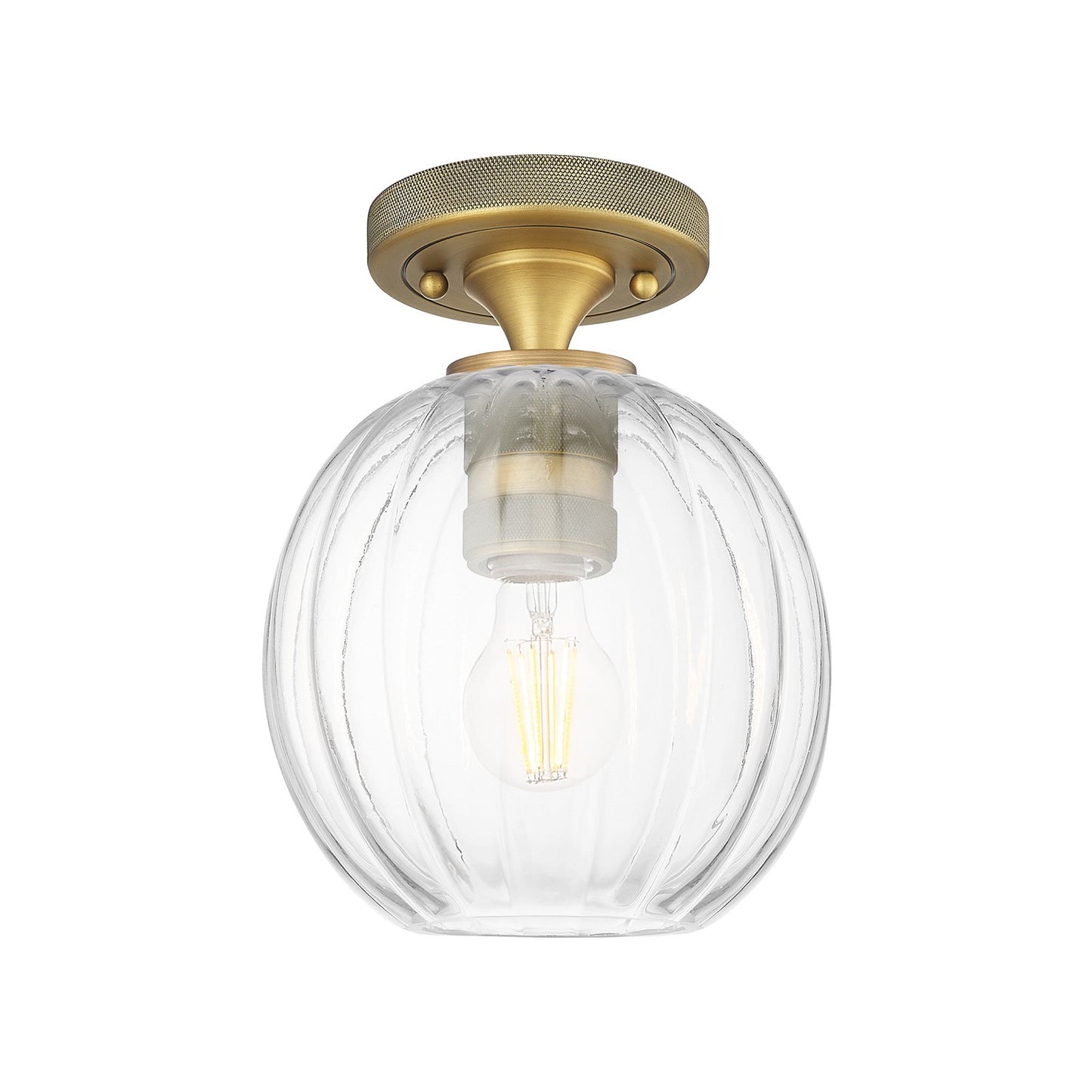 Innovations Preston Globe 7in 1-Light Flush Mount | Industrial Brushed Brass and Clear Glass | Hallway & Bedroom | Model 434-1F-BB-G458-7CL
