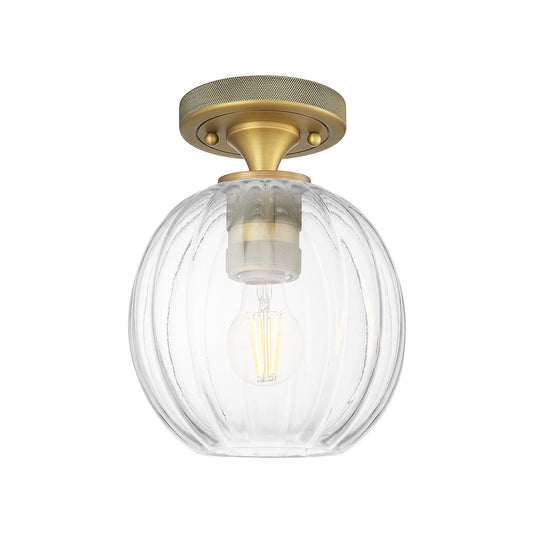 Innovations Preston Globe 7in 1-Light Flush Mount | Industrial Brushed Brass and Clear Glass | Hallway & Bedroom | Model 434-1F-BB-G458-7CL