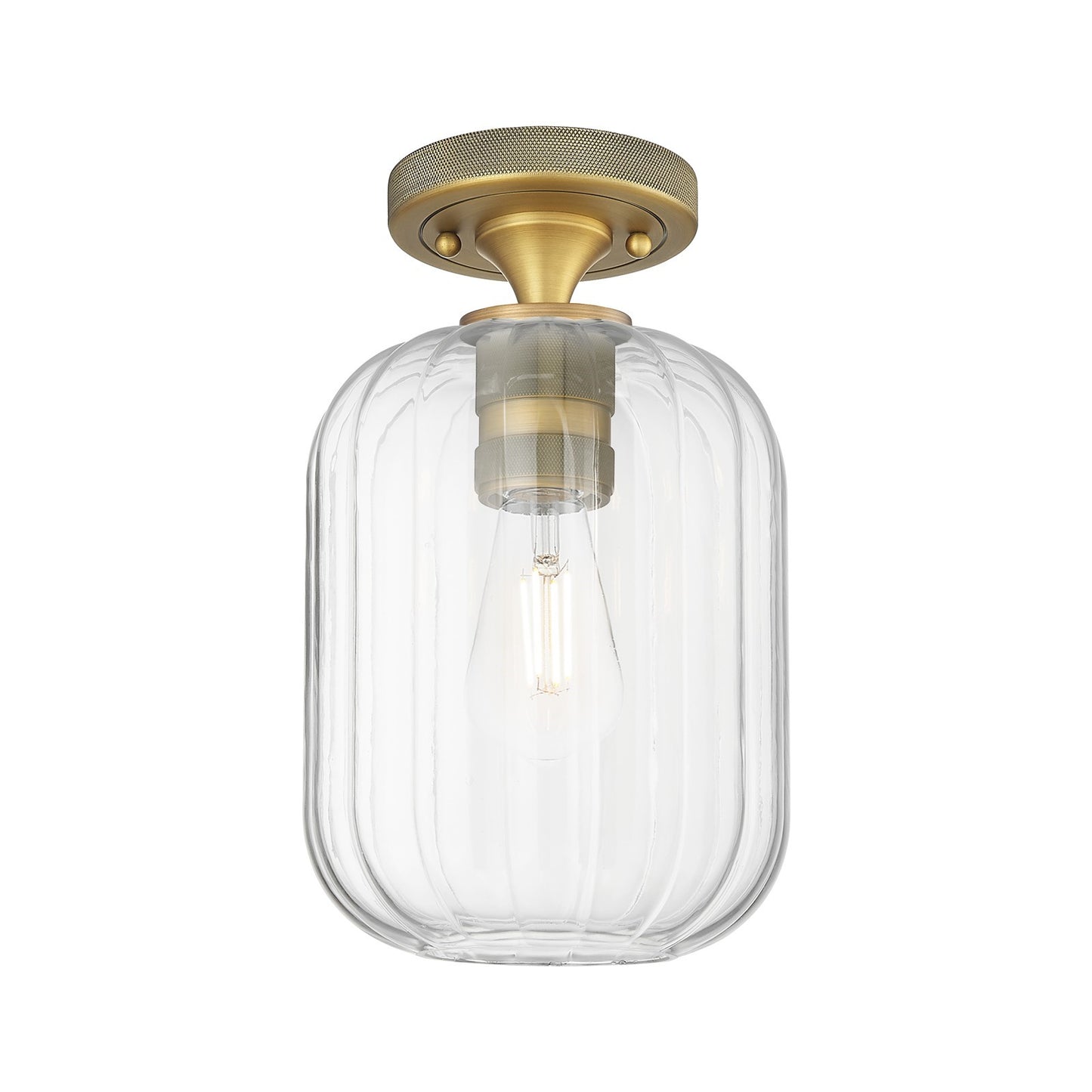 Innovations Preston Cylinder 7in 1-Light Flush Mount | Industrial Brushed Brass and Clear Glass | Hallway & Bedroom | Model 434-1F-BB-G460-7CL