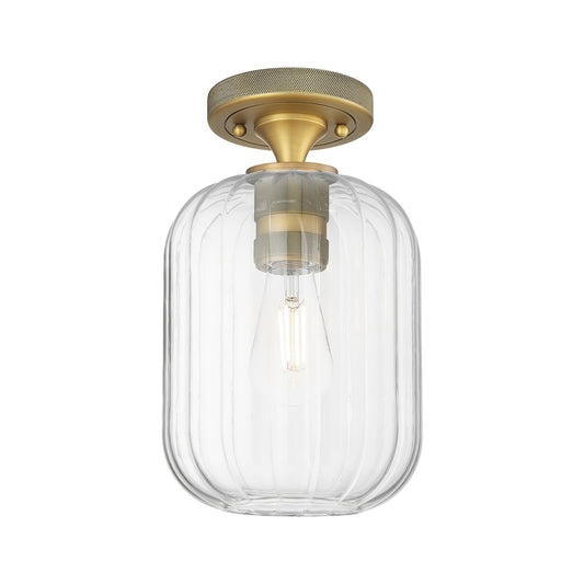 Innovations Preston Cylinder 7in 1-Light Flush Mount | Industrial Brushed Brass and Clear Glass | Hallway & Bedroom | Model 434-1F-BB-G460-7CL