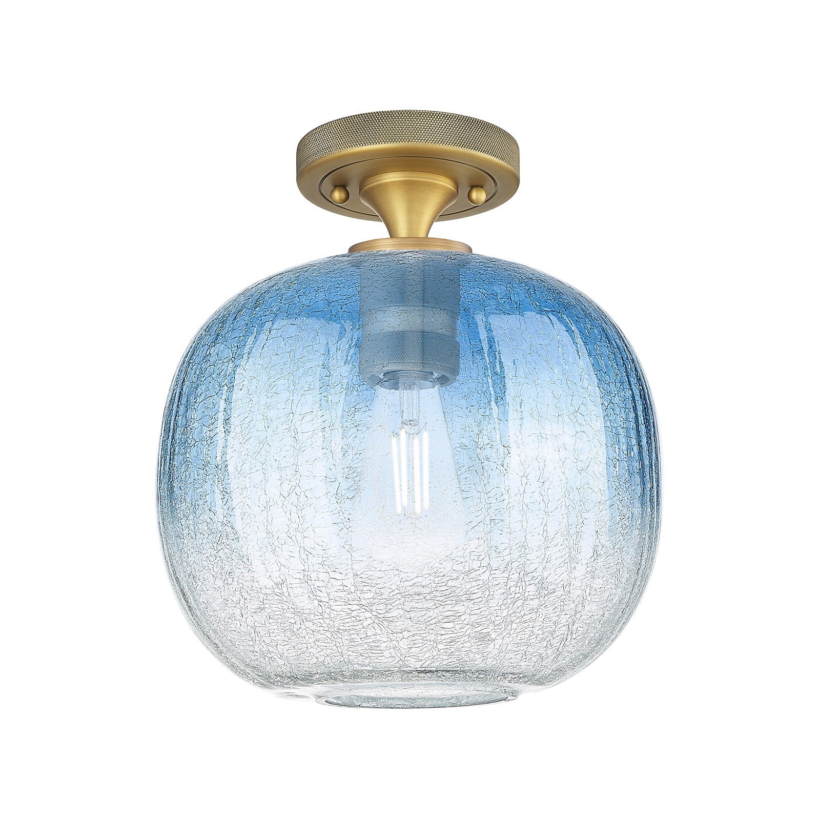 Innovations Brookhaven Sphere 10.5in 1-Light Flush Mount | Industrial Brushed Brass and Sapphire Blue Glass | Hallway | Model 434-1F-BB-G481-10SB