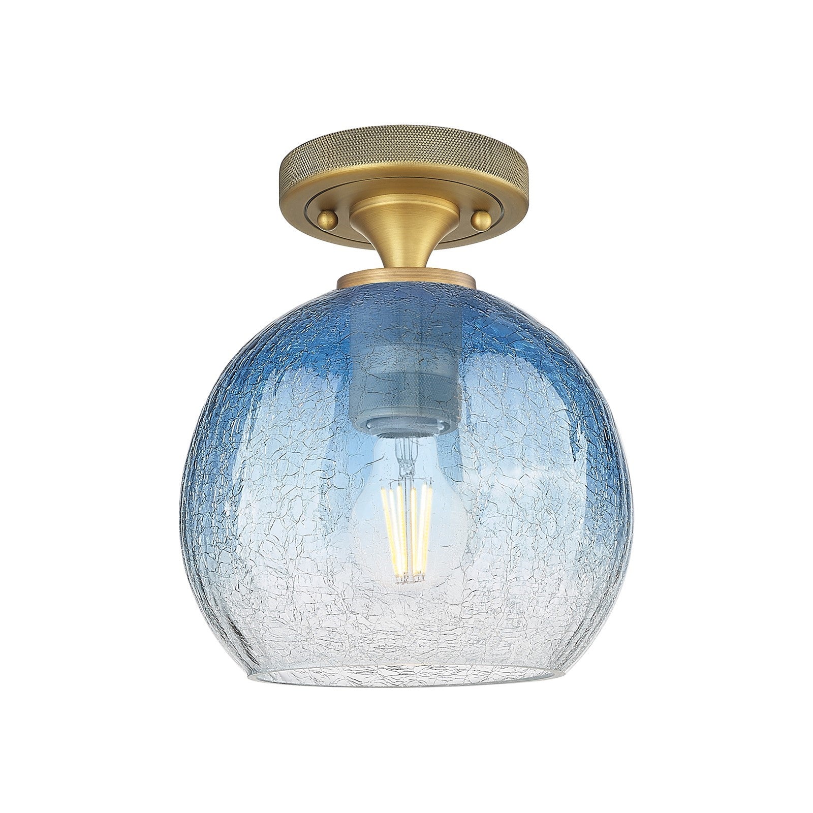 Innovations Brookhaven Globe 8in 1-Light Flush Mount | Industrial Brushed Brass and Sapphire Blue Glass | Hallway | Model 434-1F-BB-G483-8SB